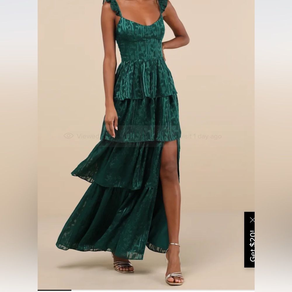 Stunning Glory Hunter Green Floral Jacquard Tiered Maxi Dress